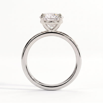 Round lab-grown diamond halo engagement ring in 18K (750) white gold, side profile 