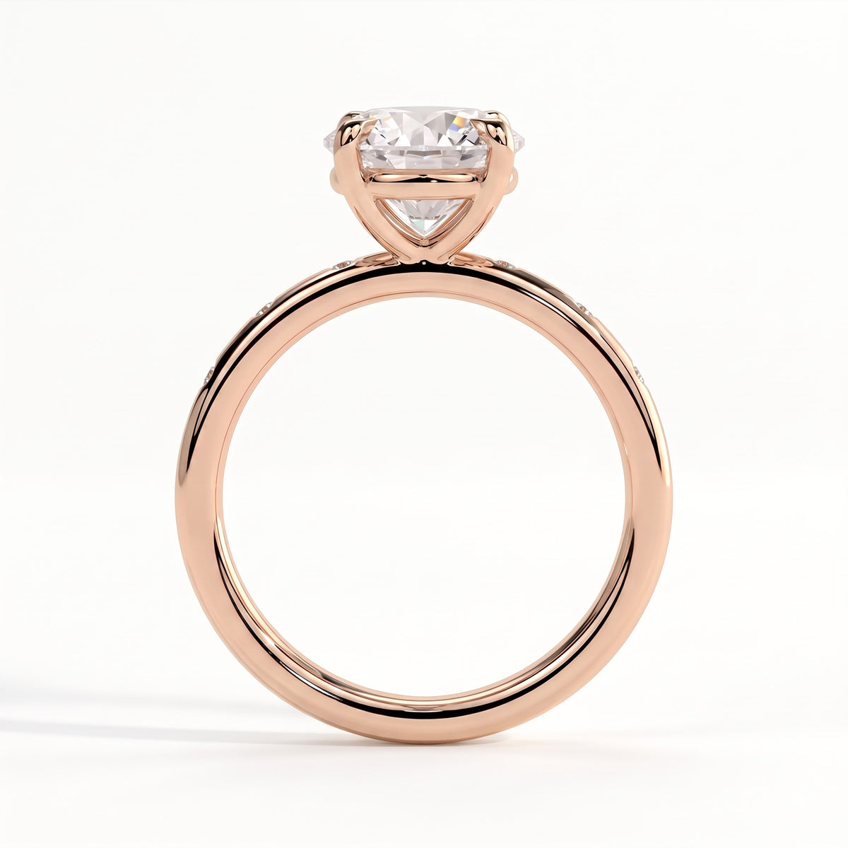 Round lab-grown diamond halo engagement ring in 18K (750) rose gold, side profile 