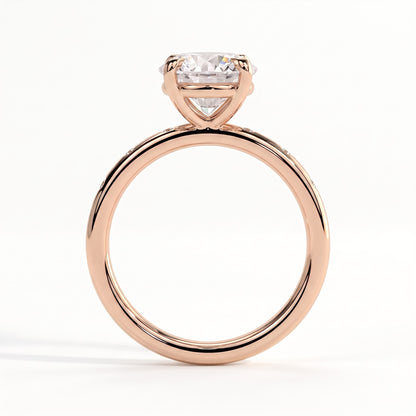 Round lab-grown diamond halo engagement ring in 18K (750) rose gold, side profile 