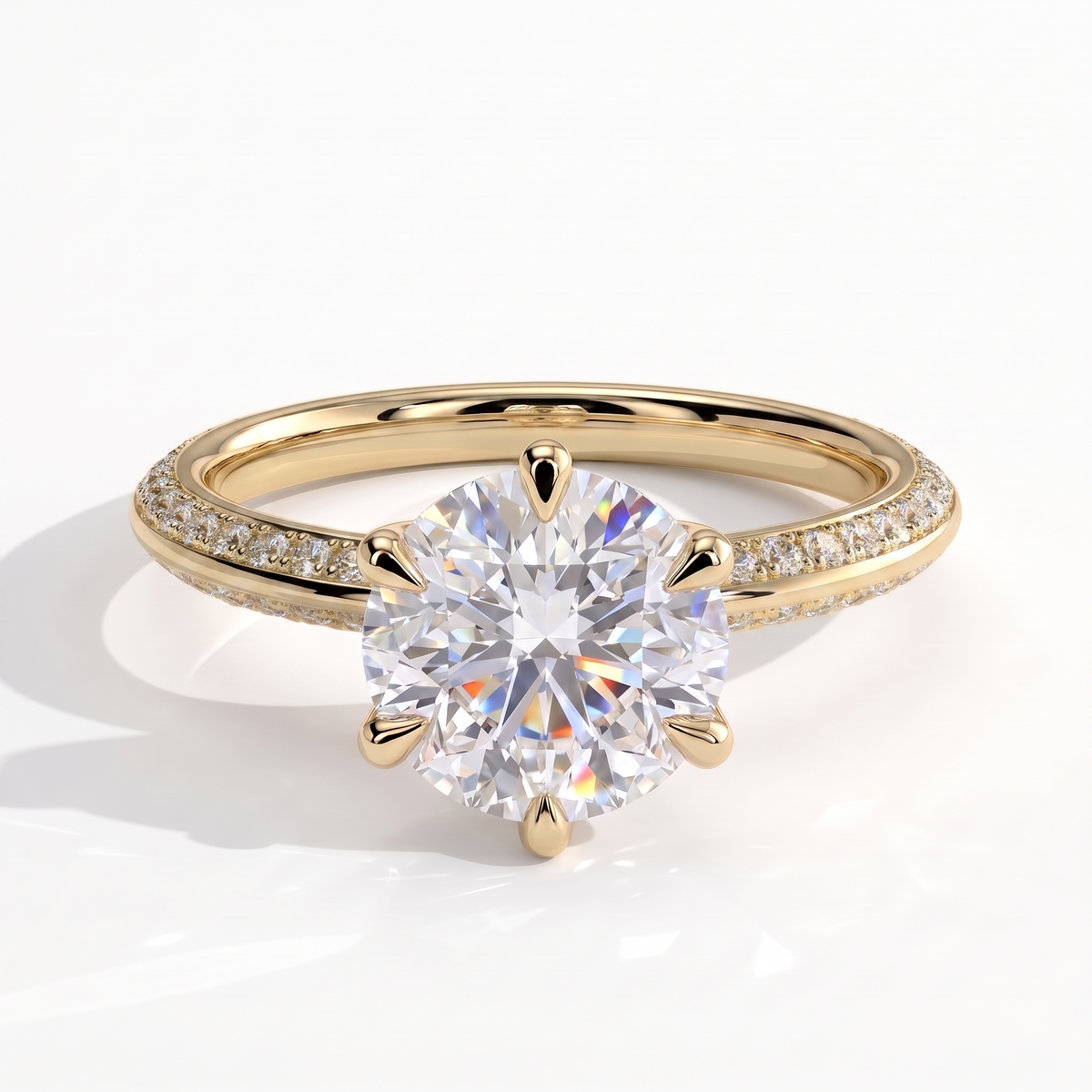 Round lab-grown diamond halo engagement ring in 18K (750) yellow gold, front view 