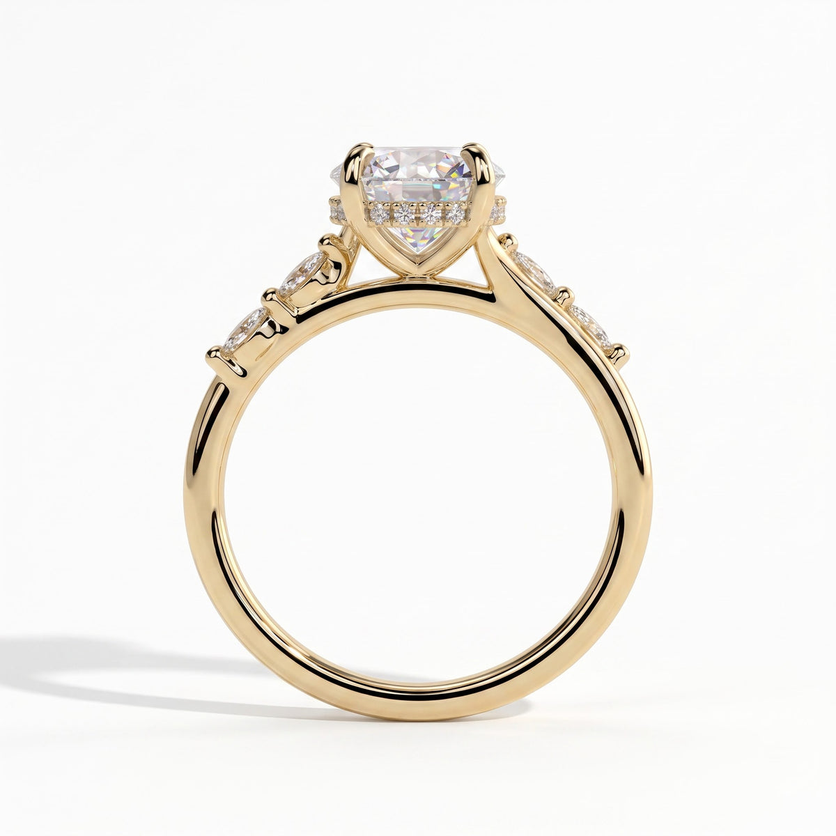 Round lab-grown diamond halo engagement ring in 14K (585) yellow gold, side profile 