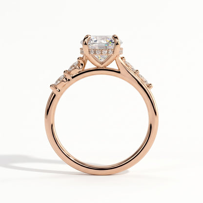 Round lab-grown diamond halo engagement ring in 18K (750) rose gold, side profile 