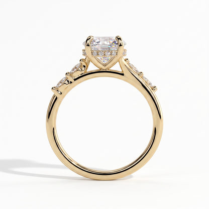 Round lab-grown diamond halo engagement ring in 18K (750) yellow gold, side profile 