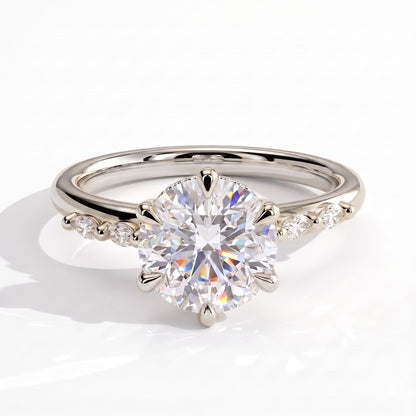 Round lab-grown diamond halo engagement ring in 18K (750) white gold, front view 
