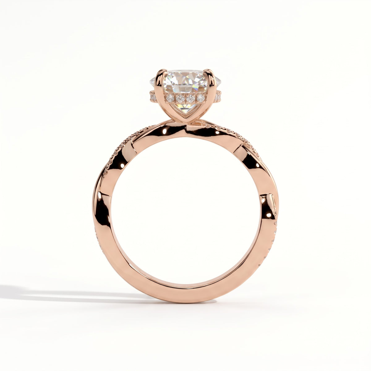 Round lab-grown diamond halo engagement ring in 18K (750) rose gold, side profile 