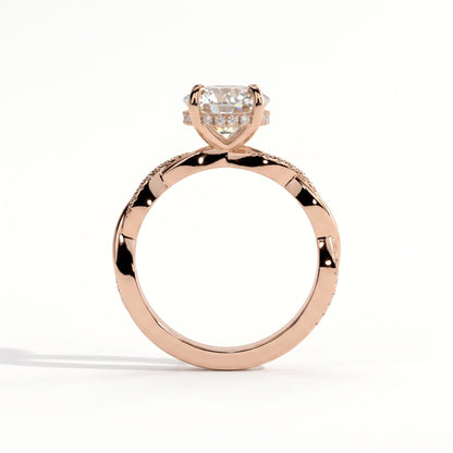 Round lab-grown diamond halo engagement ring in 18K (750) rose gold, side profile 