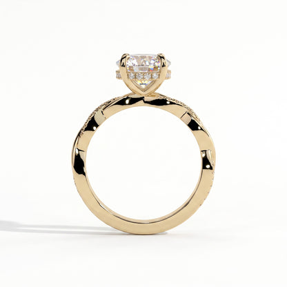 Round lab-grown diamond halo engagement ring in 18K (750) yellow gold, side profile 