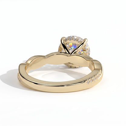 Round lab-grown diamond halo engagement ring in 18K (750) yellow gold, on white background 