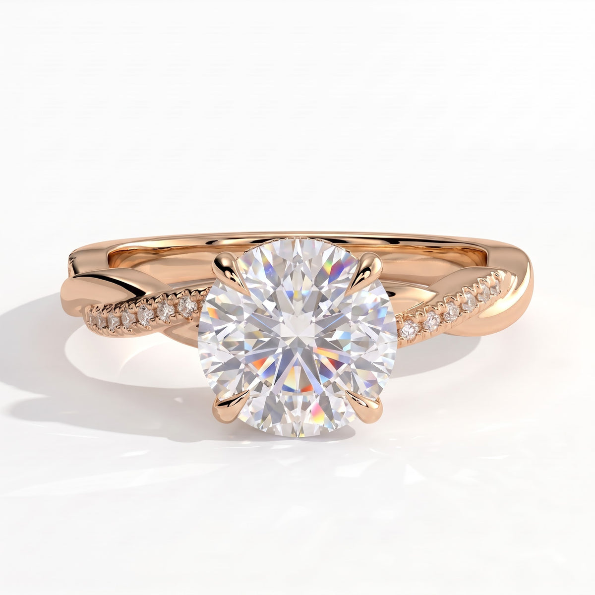 Round lab-grown diamond halo engagement ring in 18K (750) rose gold, front view 