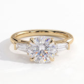 Round lab-grown diamond three-stone engagement ring in 14K (585) yellow gold, front view 