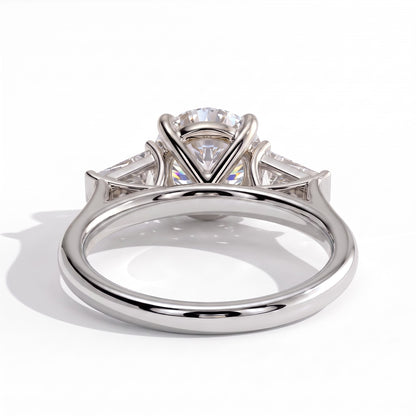 Round lab-grown diamond three-stone engagement ring in 14K (585) white gold, on white background 