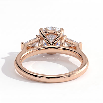 Round lab-grown diamond three-stone engagement ring in 14K (585) rose gold, on white background 