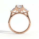 Round lab-grown diamond three-stone engagement ring in 14K (585) rose gold, side profile 