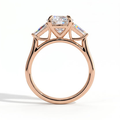 Round lab-grown diamond three-stone engagement ring in 14K (585) rose gold, side profile 