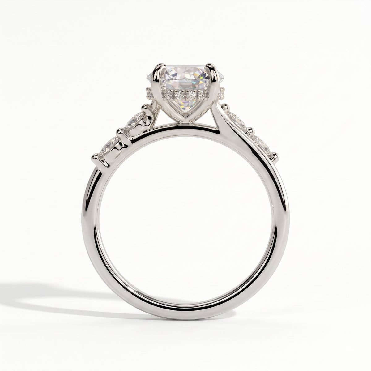 Round lab-grown diamond halo engagement ring in 950 platinum, side profile 