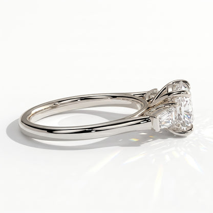 Round lab-grown diamond three-stone engagement ring in 18K (750) white gold, detail view 
