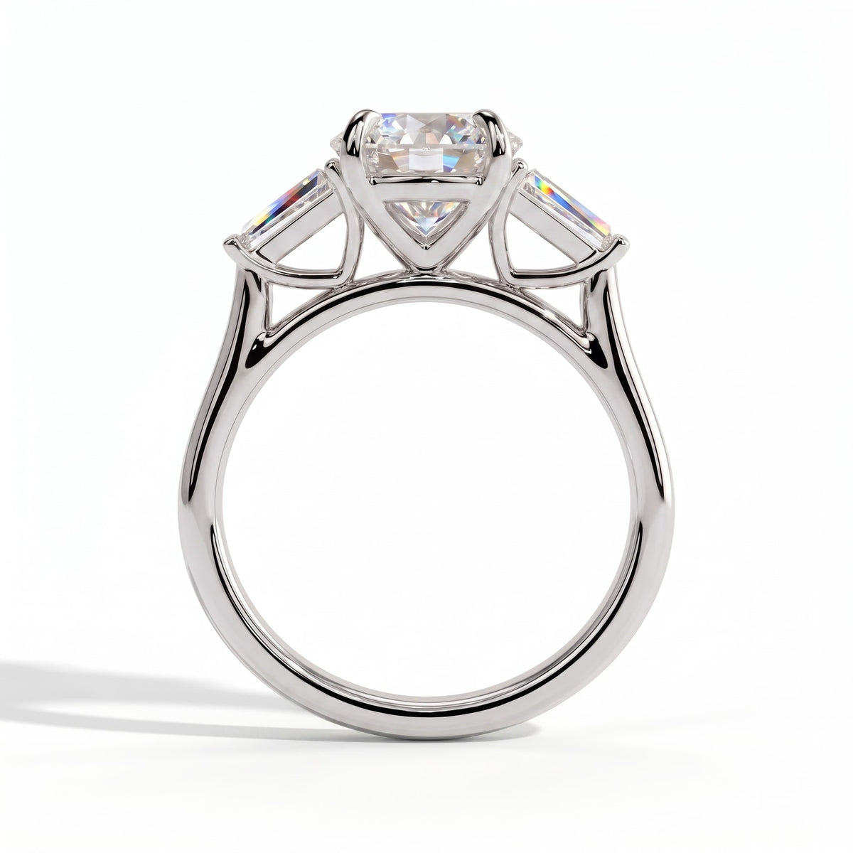 Round lab-grown diamond three-stone engagement ring in 18K (750) white gold, side profile 