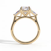 Round lab-grown diamond three-stone engagement ring in 18K (750) yellow gold, side profile 