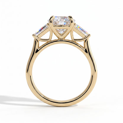 Round lab-grown diamond three-stone engagement ring in 18K (750) yellow gold, side profile 