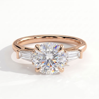 Round lab-grown diamond three-stone engagement ring in 18K (750) rose gold, front view 