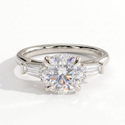 Round lab-grown diamond three-stone engagement ring in 18K (750) white gold, front view 