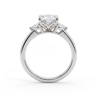 Oval lab-grown diamond three-stone engagement ring in 14K (585) white gold, side profile 