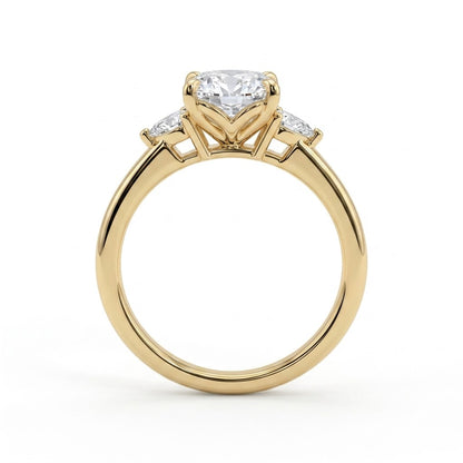 Oval lab-grown diamond three-stone engagement ring in 14K (585) yellow gold, side profile 