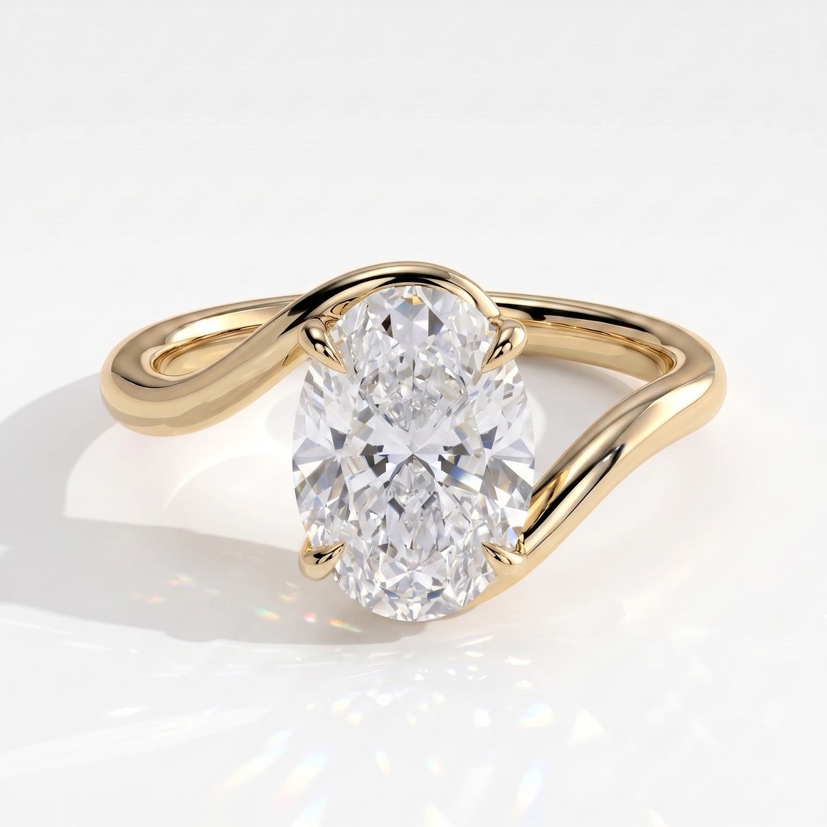 Oval lab-grown diamond solitaire engagement ring in 14K (585) yellow gold, front view 