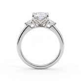 Oval lab-grown diamond three-stone engagement ring in 18K (750) white gold, side profile 