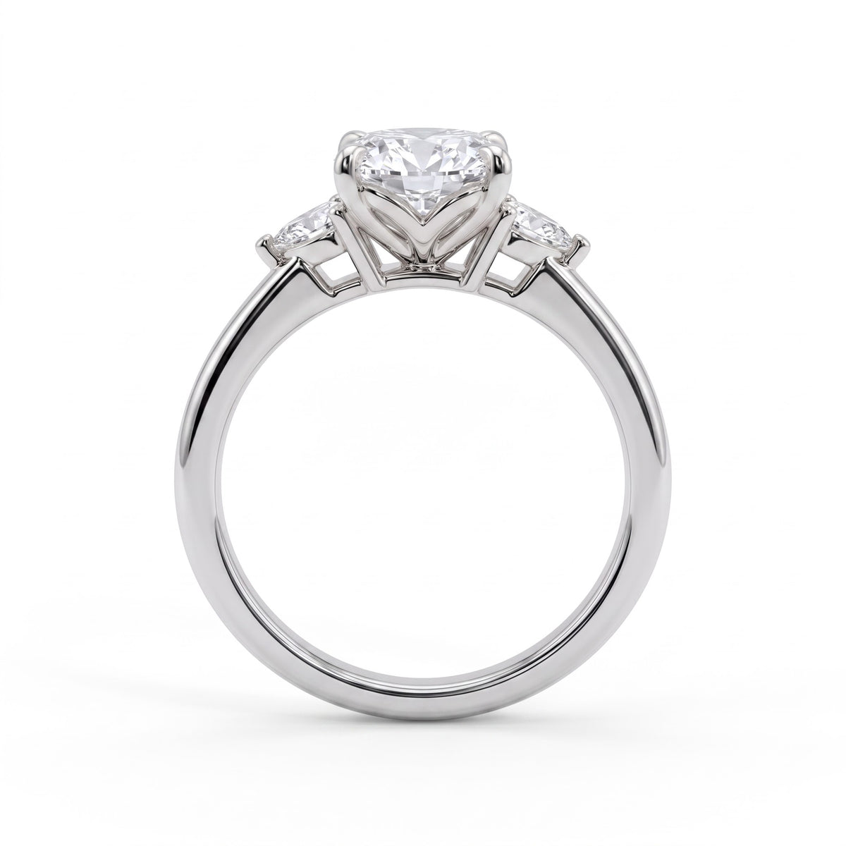 Oval lab-grown diamond three-stone engagement ring in 18K (750) white gold, side profile 