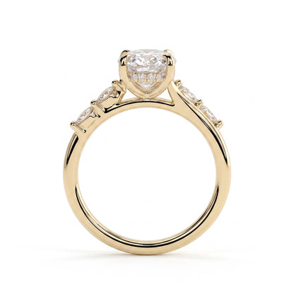 Oval lab-grown diamond halo engagement ring in 14K (585) yellow gold, side profile 