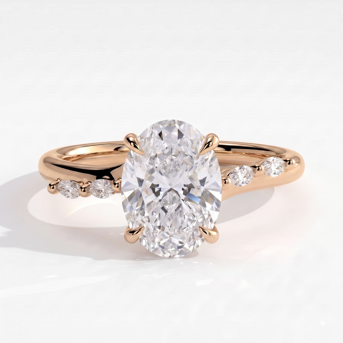 Oval lab-grown diamond halo engagement ring in 18K (750) rose gold, front view 