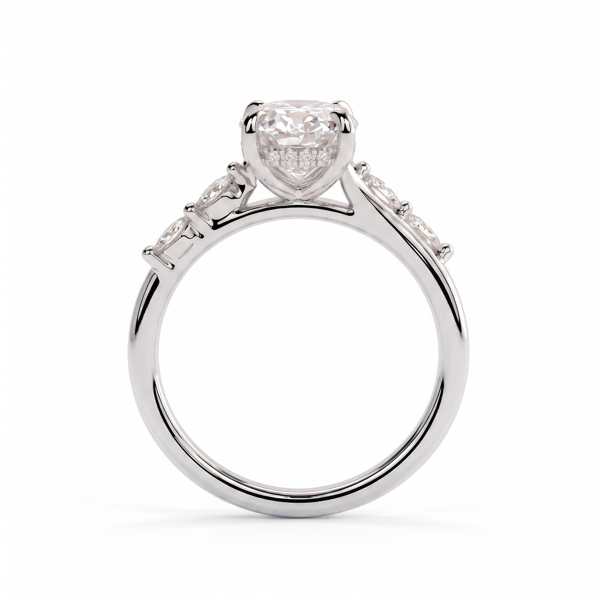 Oval lab-grown diamond halo engagement ring in 18K (750) white gold, side profile 