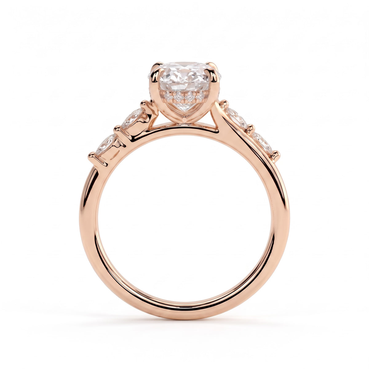 Oval lab-grown diamond halo engagement ring in 18K (750) rose gold, side profile 