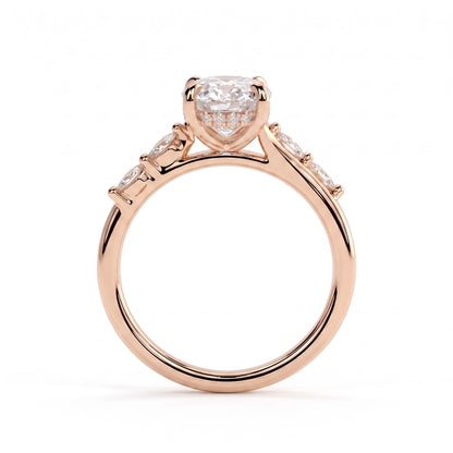 Oval lab-grown diamond halo engagement ring in 18K (750) rose gold, side profile 