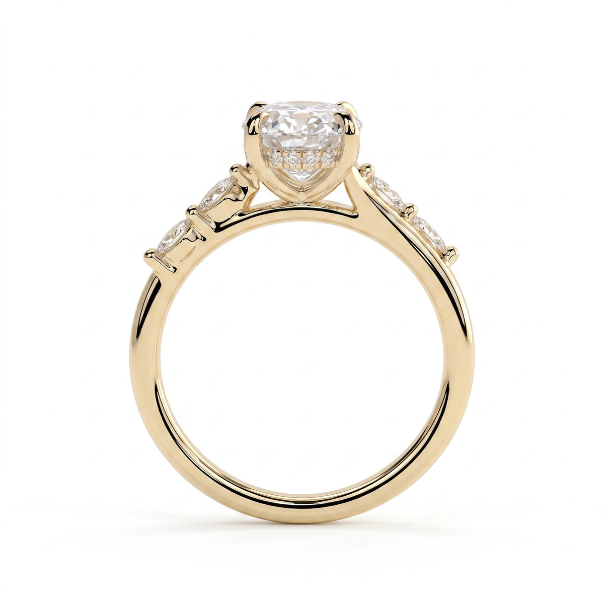 Oval lab-grown diamond halo engagement ring in 18K (750) yellow gold, side profile 