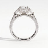 Oval lab-grown diamond three-stone engagement ring in 14K (585) white gold, side profile 