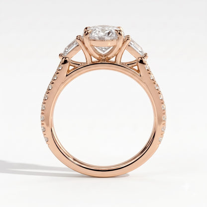 Oval lab-grown diamond three-stone engagement ring in 14K (585) rose gold, side profile 