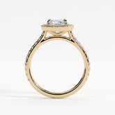 Oval lab-grown diamond halo engagement ring in 14K (585) yellow gold, side profile 
