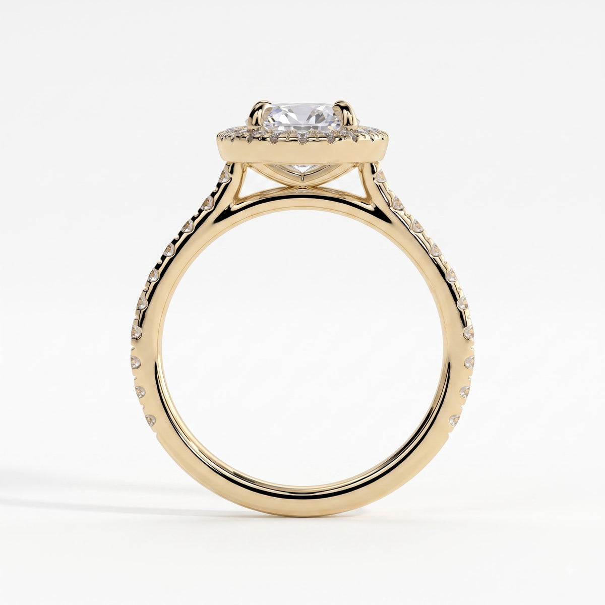 Oval lab-grown diamond halo engagement ring in 14K (585) yellow gold, side profile 