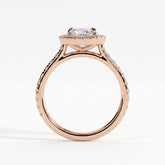 Oval lab-grown diamond halo engagement ring in 14K (585) rose gold, side profile 