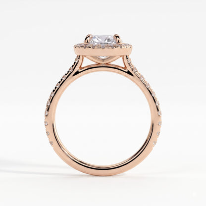 Oval lab-grown diamond halo engagement ring in 14K (585) rose gold, side profile 