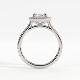 Oval lab-grown diamond halo engagement ring in 14K (585) white gold, side profile 