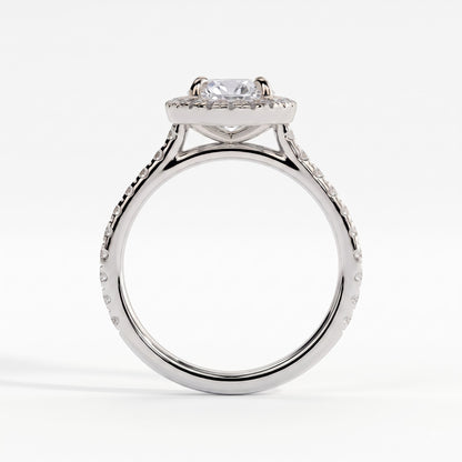 Oval lab-grown diamond halo engagement ring in 14K (585) white gold, side profile 