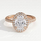 Oval lab-grown diamond halo engagement ring in 14K (585) rose gold, front view 