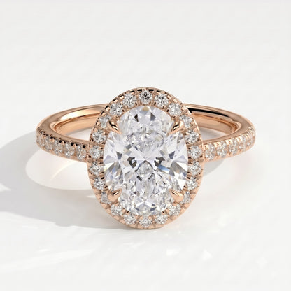 Oval lab-grown diamond halo engagement ring in 14K (585) rose gold, front view 