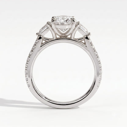 Oval lab-grown diamond three-stone engagement ring in 950 platinum, side profile 