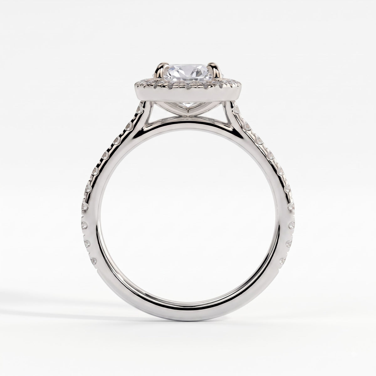 Oval lab-grown diamond halo engagement ring in 18K (750) white gold, side profile 