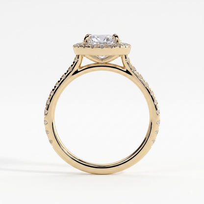 Oval lab-grown diamond halo engagement ring in 18K (750) yellow gold, side profile 