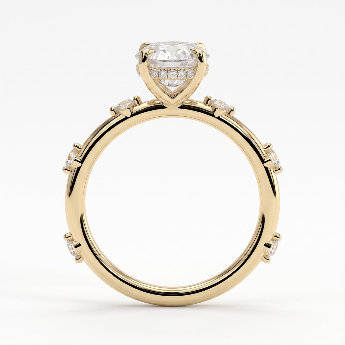 Oval lab-grown diamond halo engagement ring in 14K (585) yellow gold, side profile 